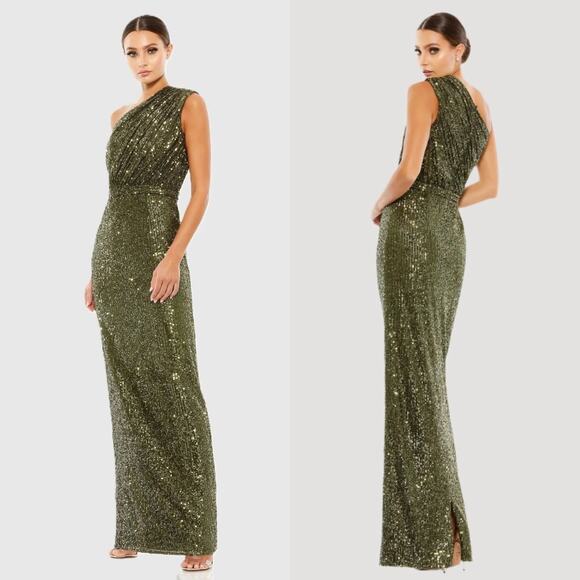 Mac Duggal Dresses & Skirts - NWT Ieena for Mac Duggal Sequined Ruched One Shoulder Gown in Olive Size 6